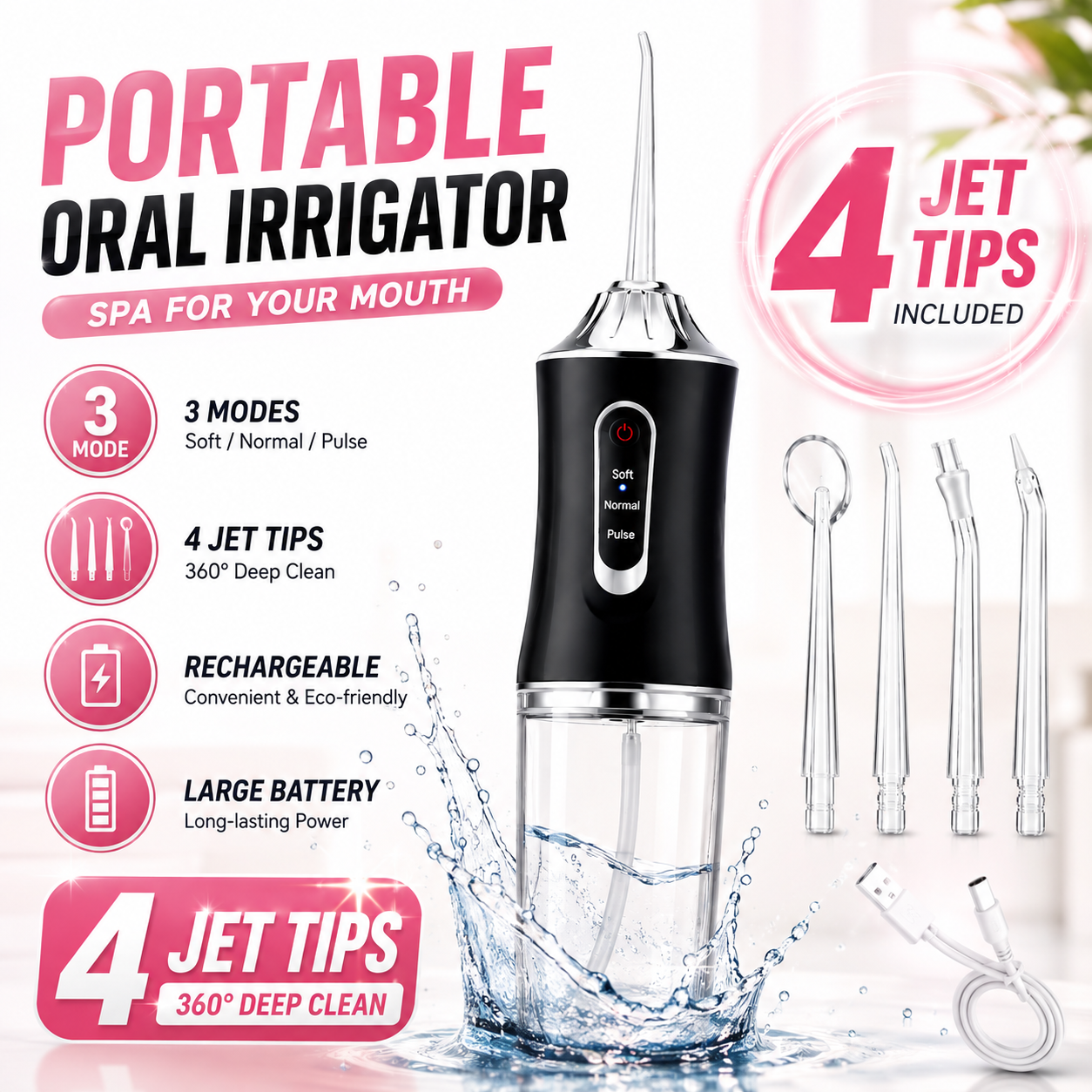 Electric Water Flosser Cordless for Teeth 3 Modes 4 Jet Tips Cleaning and Flossing Water Dental Portable Floss Irrigator Oral Water Flossed Rechargeable Tonsil Stone Travel Adults
