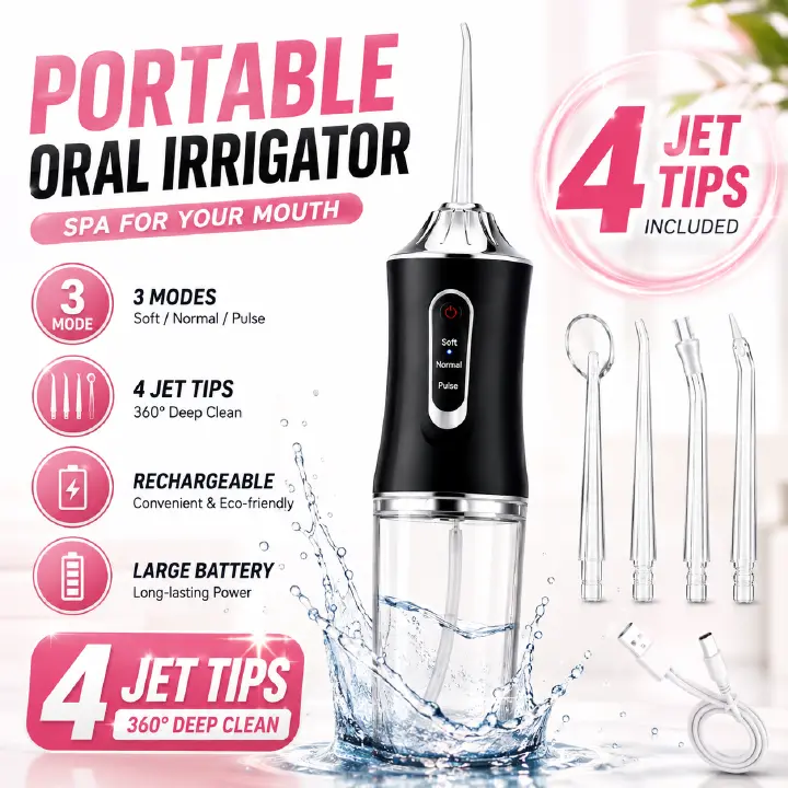 Electric Water Flosser Cordless for Teeth 3 Modes 4 Jet Tips Cleaning and Flossing Water Dental Portable Floss Irrigator Oral Water Flossed Rechargeable Tonsil Stone Travel Adults