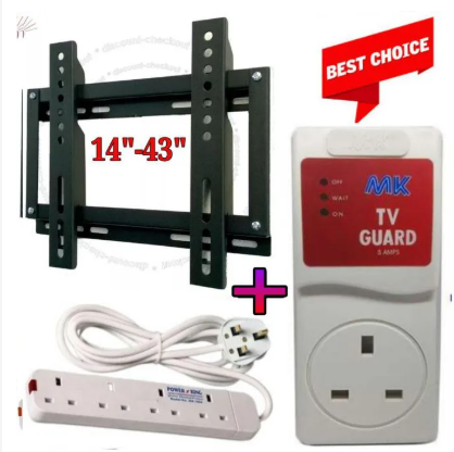 4 Way Power Extension + 14,22,24,32,39,40,42 &43 Inch TV Wall Mounting Bracket +Electronic TV Guard Tv Guard Protector Power King 4 Way Extension Socket And A Free Tv Guard Protector