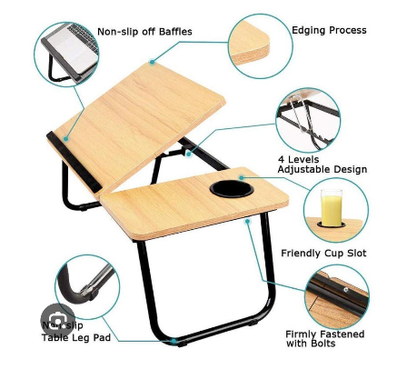 Wooden profile 5 levels Adjustable angle foldable study table or laptop table with cup slot now available