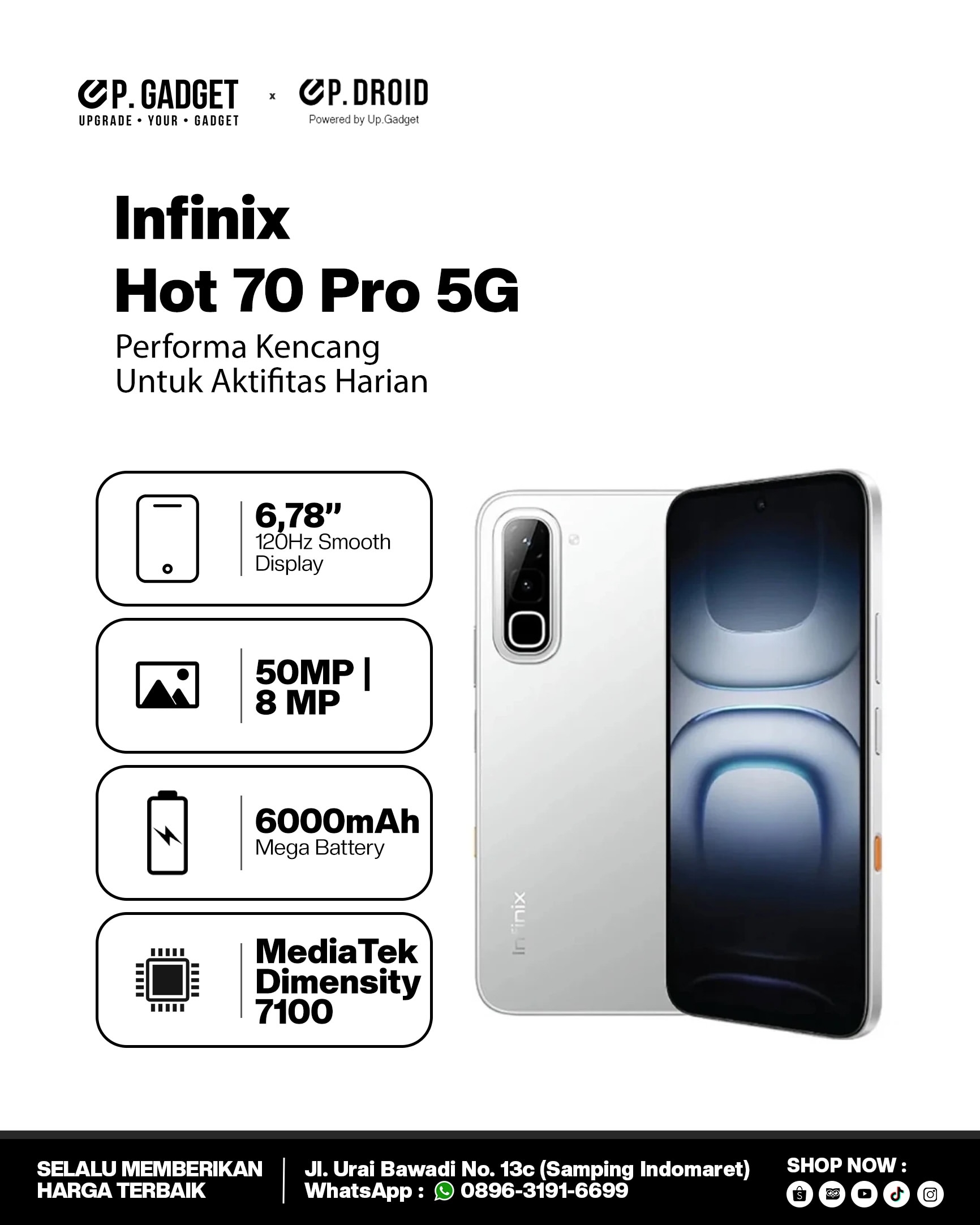 [Price Drop!!!] Infinix Hot 70 Pro 5G 256GB+16(8+8)GB 6.76" 144Hz AMOLED Display 50MP Camera 6000mAh Battery 45W Fast Charging IP68 Rated Android 16 Smart Ai Smartphone
