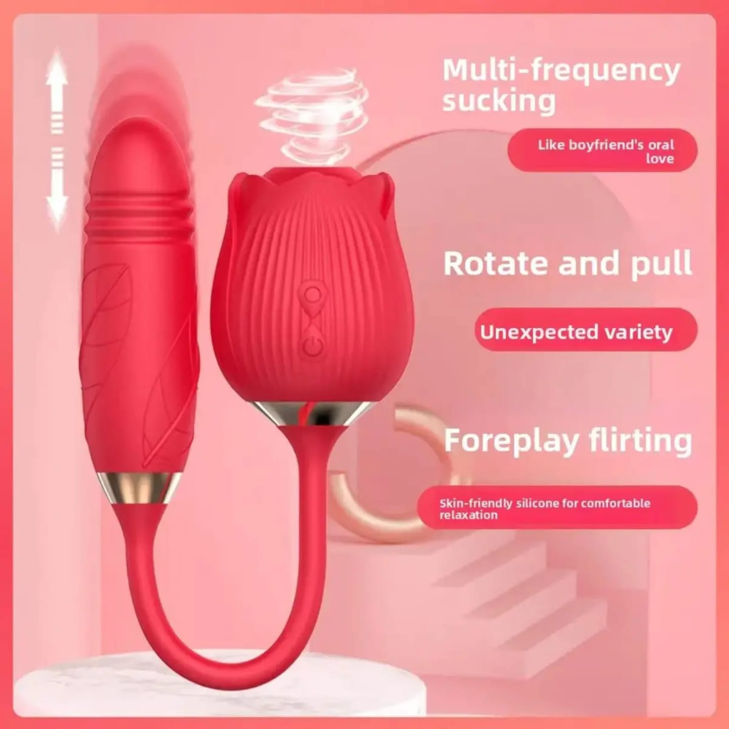 2 in 1 Rose Vibrator, With Sucker and Dildo
