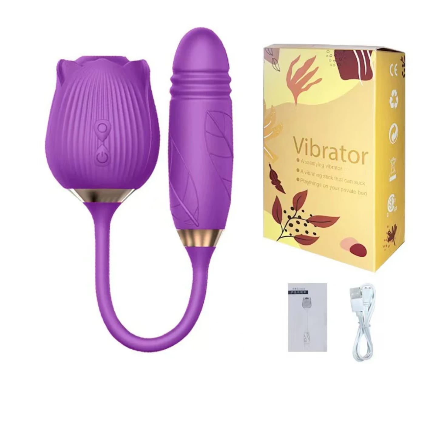2 in 1 Rose Vibrator, With Sucker and Dildo