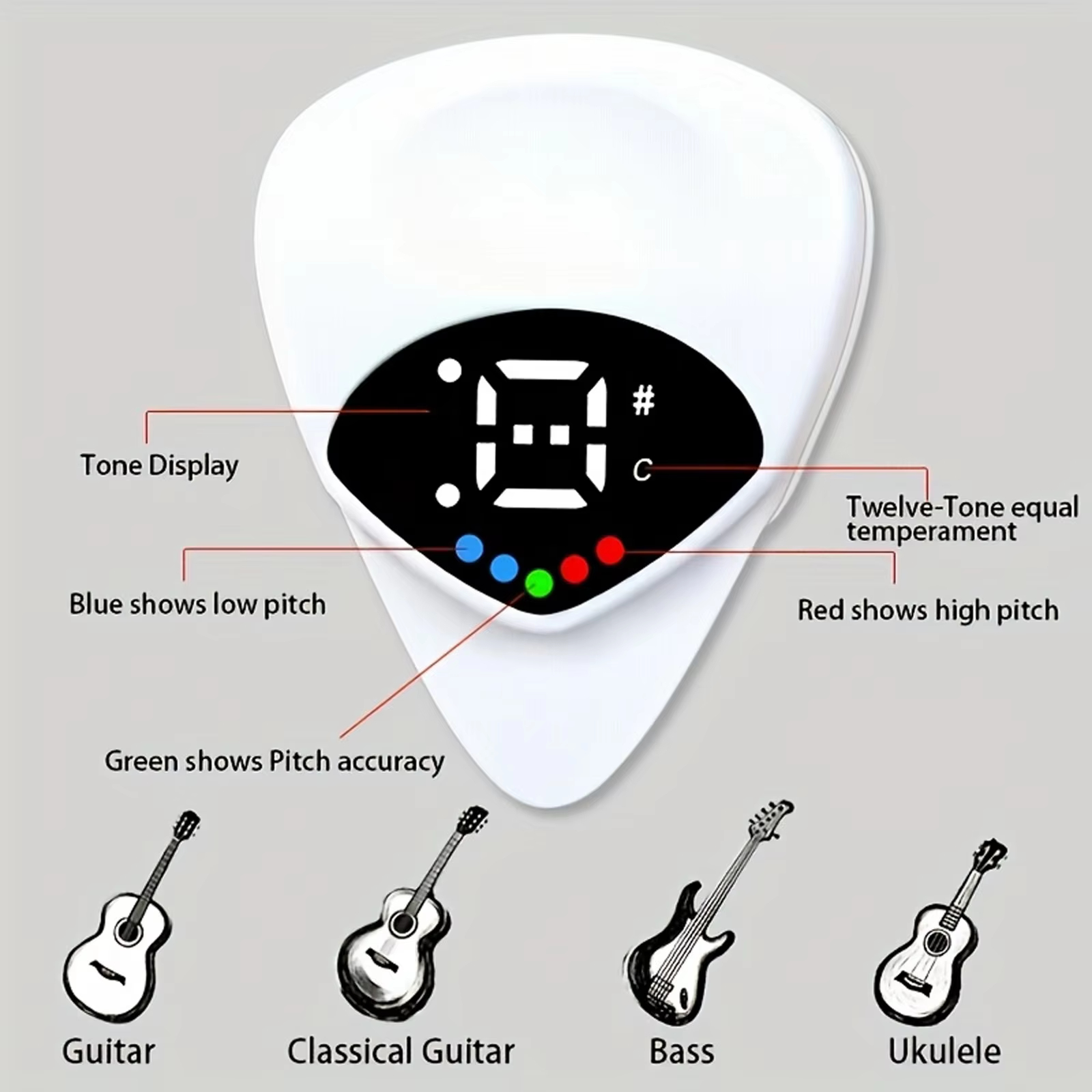 Portable 2 in 1 Guitar Pick & Tuner Multi-Purpose Pitch Calibrator For Folk Guitars and Ukuleles 12-Tone Equal Temperament