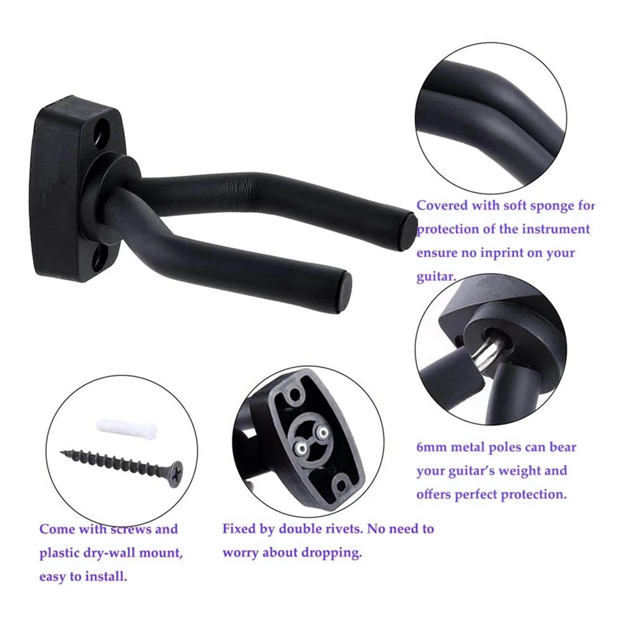 1Pcs Wall Mount Guitar Hanger Hook Non-slip Holder Stand for Acoustic Guitar Ukulele Violin Bass Guitar Parts Instrument Accessories