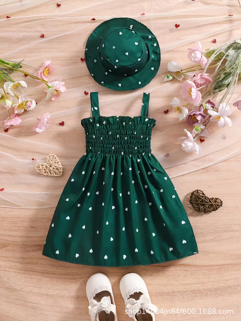 Newborn to 3-year-old girl two-piece heart-shaped printed sleeveless dress+princess hat