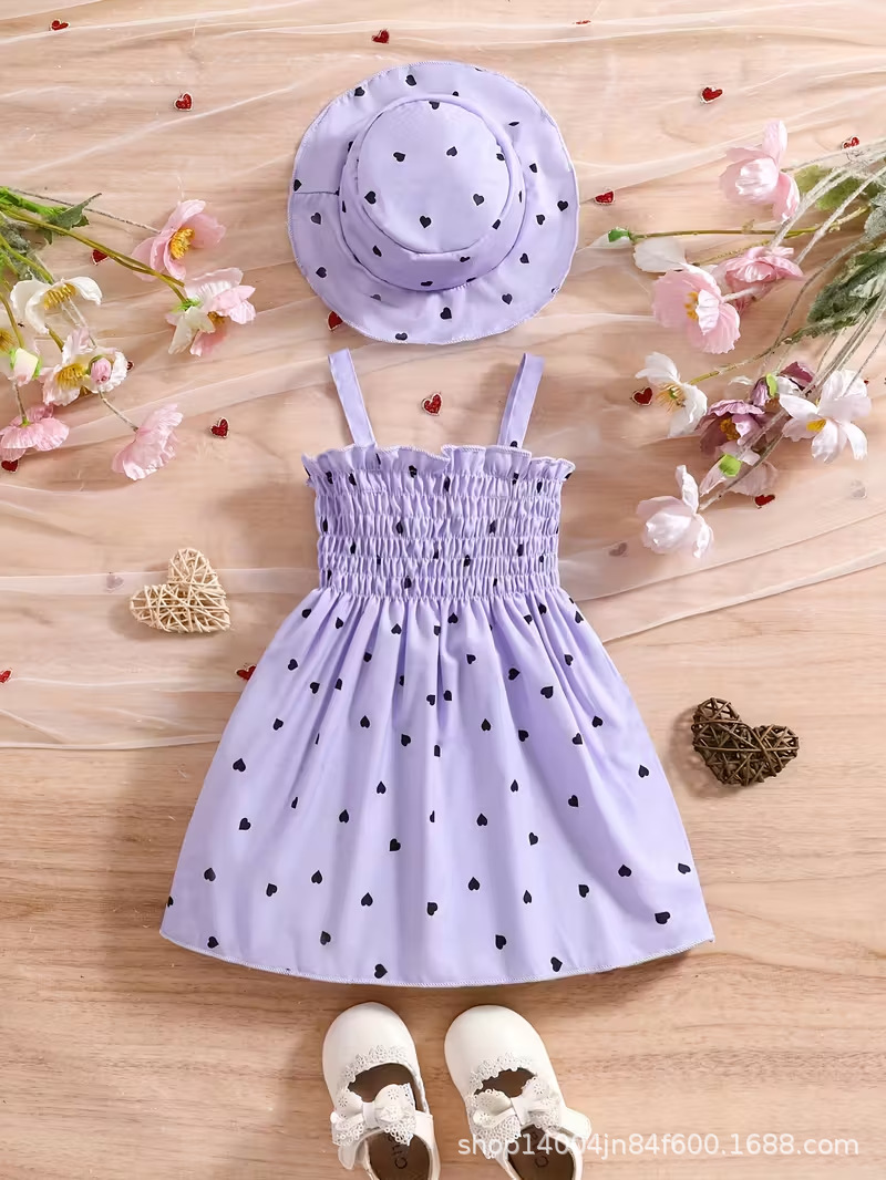 Newborn to 3-year-old girl two-piece heart-shaped printed sleeveless dress+princess hat