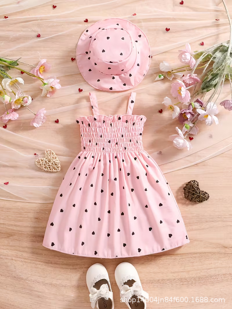 Newborn to 3-year-old girl two-piece heart-shaped printed sleeveless dress+princess hat