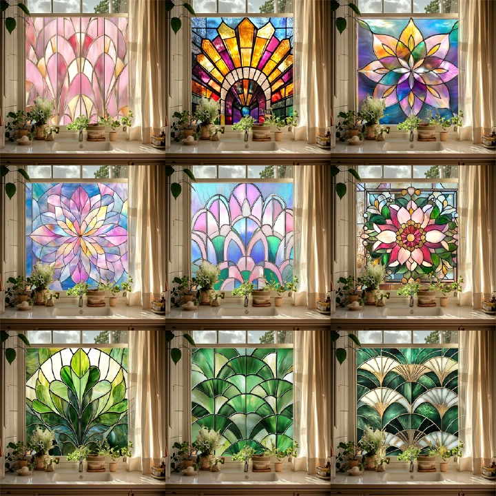 Retro Colorful Window Film Stickers PVC Static Glass Window Cling Decal Home Decoration