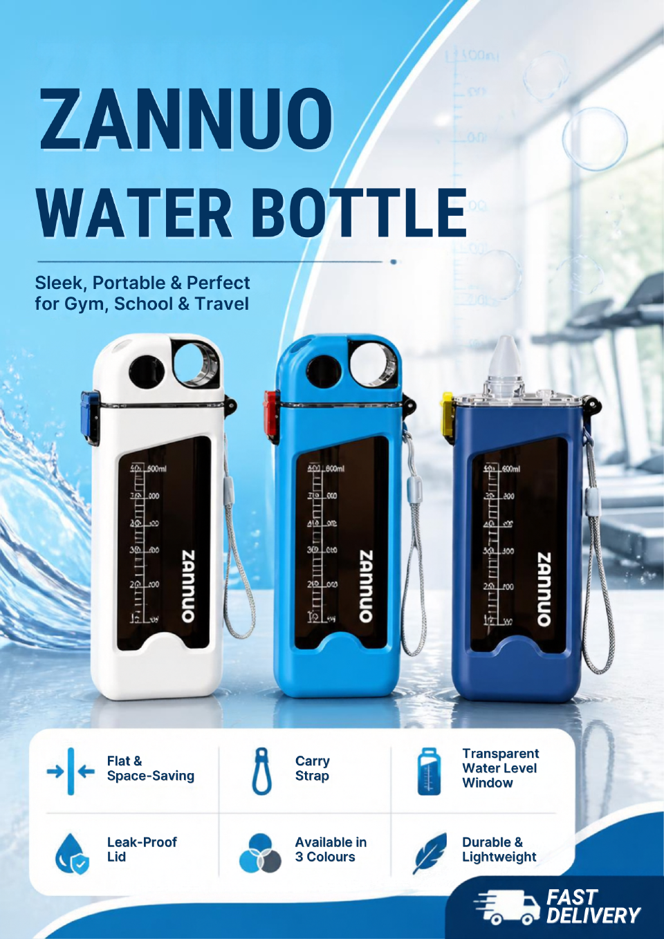 Zannuo 700ml Flat Square Water Bottle – Leak-Proof Kids & Adults Sipper with Straw Lid, Adjustable Carry Strap & BPA-Free Tritan Body for School, Gym & Travel