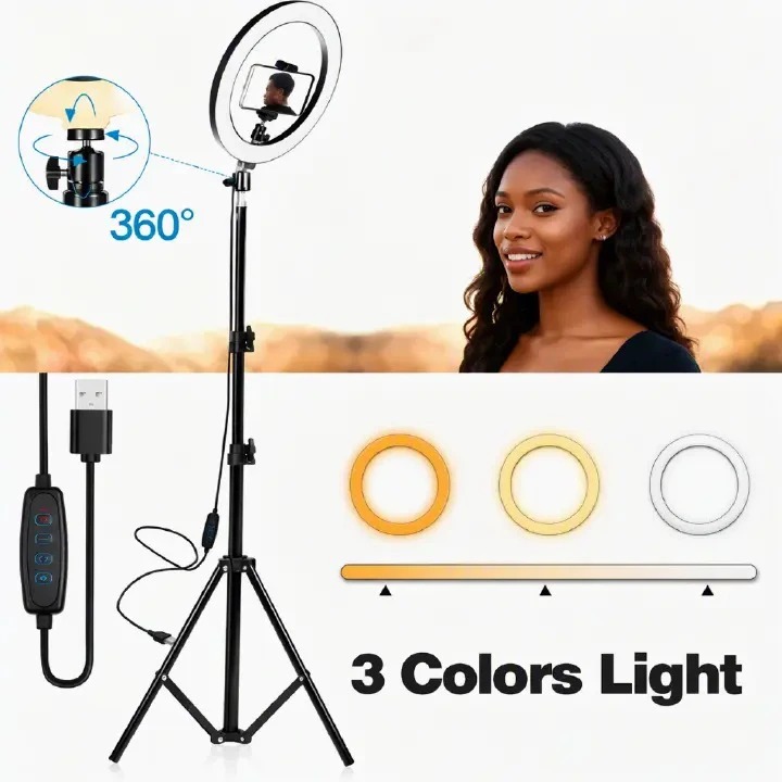 2.1M Tripod Stand with 10 Inch LED Ring Light – Selfie, Makeup & Live Streaming Kit with Phone Holder, USB Powered Studio Light for YouTube, TikTok, Vlogging & Photography