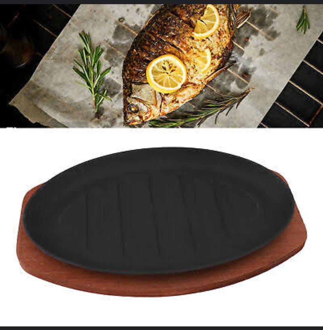 High quality Cast Iron Sizzling Plate with Wooden Tray – 25x16cm Rectangular Hot Plate for Steaks, BBQ, Fajitas, and Grilling – Heavy-Duty Restaurant-Style Serving Dish