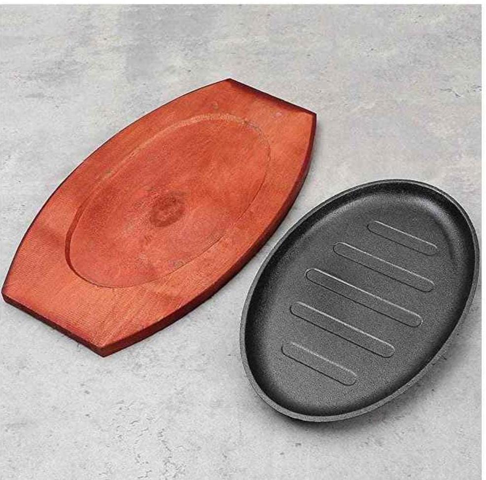 High quality Cast Iron Sizzling Plate with Wooden Tray – 25x16cm Rectangular Hot Plate for Steaks, BBQ, Fajitas, and Grilling – Heavy-Duty Restaurant-Style Serving Dish
