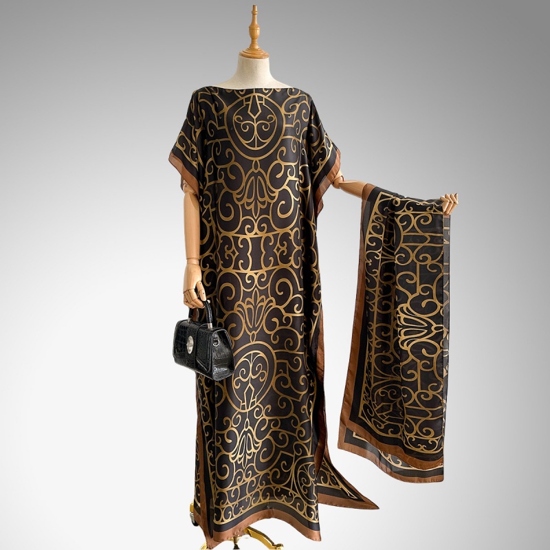 Women's Clothing  Loose Long Dress With Shawl Black And Gold Pattern Dresses Lightweight Flowy Robe For Travel Vacation And Work For Women Comfortable Oversized Fit Hides Belly Silky Shiny QSROCIO