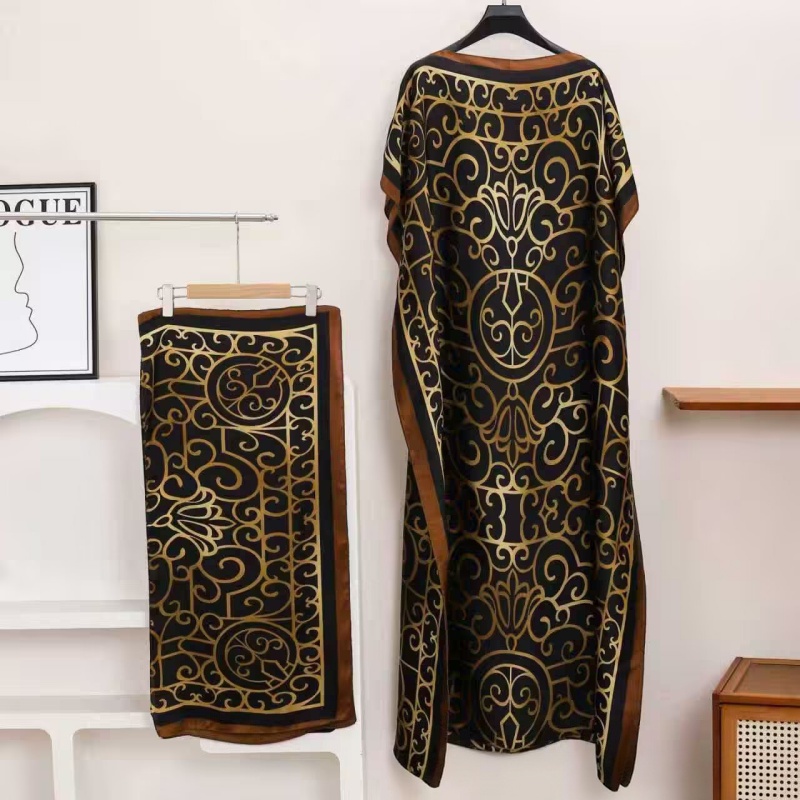 Women's Clothing  Loose Long Dress With Shawl Black And Gold Pattern Dresses Lightweight Flowy Robe For Travel Vacation And Work For Women Comfortable Oversized Fit Hides Belly Silky Shiny QSROCIO