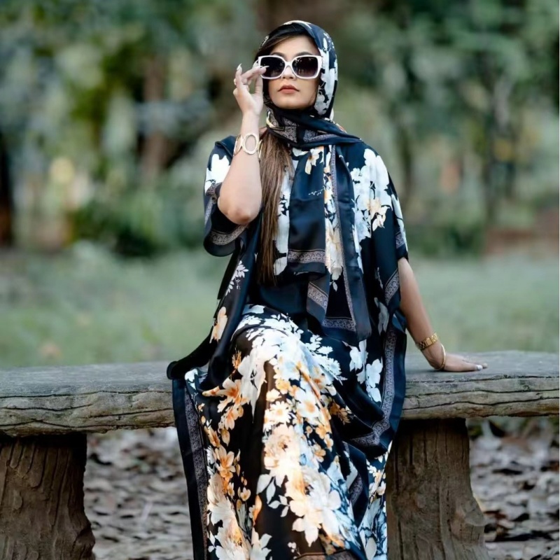 Women's Clothing  Loose Long Dress With Shawl Black And White Print Dresses Lightweight Flowy Robe For Travel Vacation And Work For Women Comfortable Oversized Best Friend Outfits Silky Shiny QSROCIO