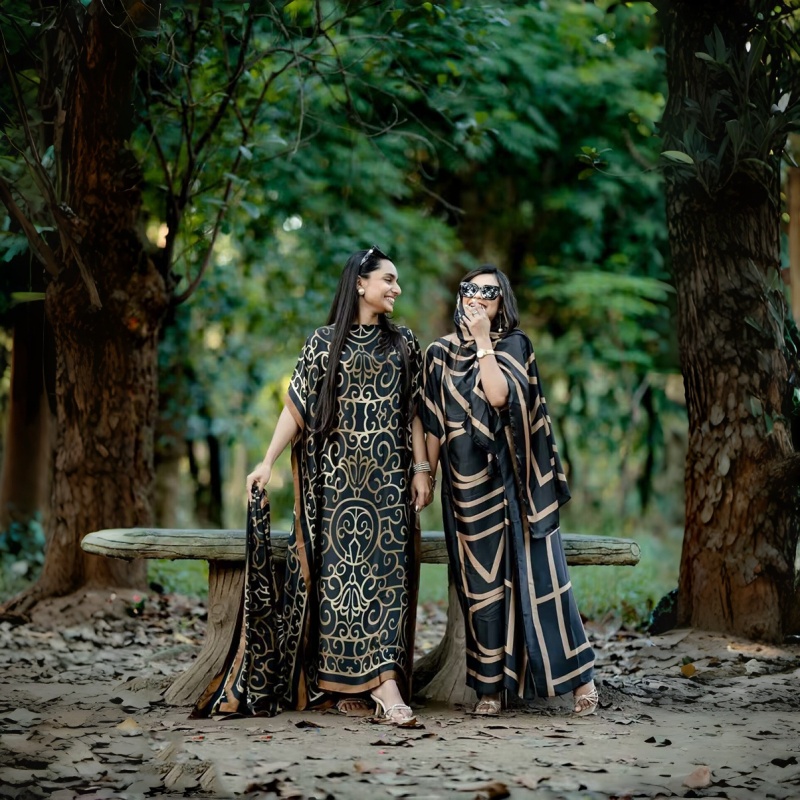 Women's Clothing  Loose Long Dress With Shawl Black And Gold Pattern Dresses Lightweight Flowy Robe For Travel Vacation And Work For Women Comfortable Oversized Fit Hides Belly Silky Shiny QSROCIO
