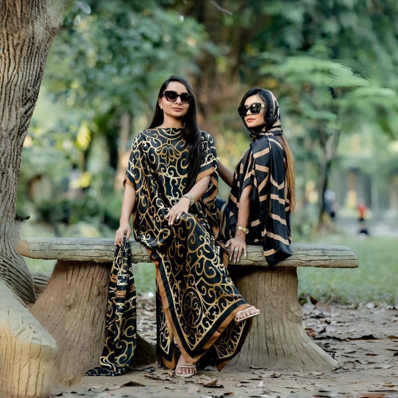 Women's Clothing  Loose Long Dress With Shawl Black And Gold Pattern Dresses Lightweight Flowy Robe For Travel Vacation And Work For Women Comfortable Oversized Fit Hides Belly Silky Shiny QSROCIO