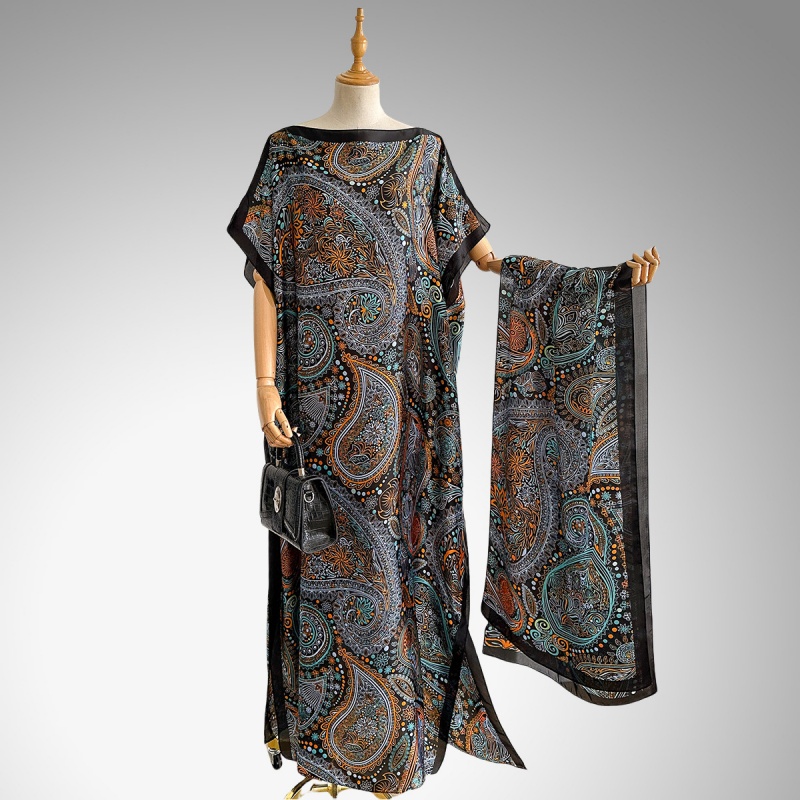 Women's Clothing  Loose Long Dress With Shawl Cashew Pattern Dresses Lightweight Flowy Robe For Travel Vacation And Work For Women Comfortable Oversized Fit Hides Belly Silky Shiny Fabric QSROCIO
