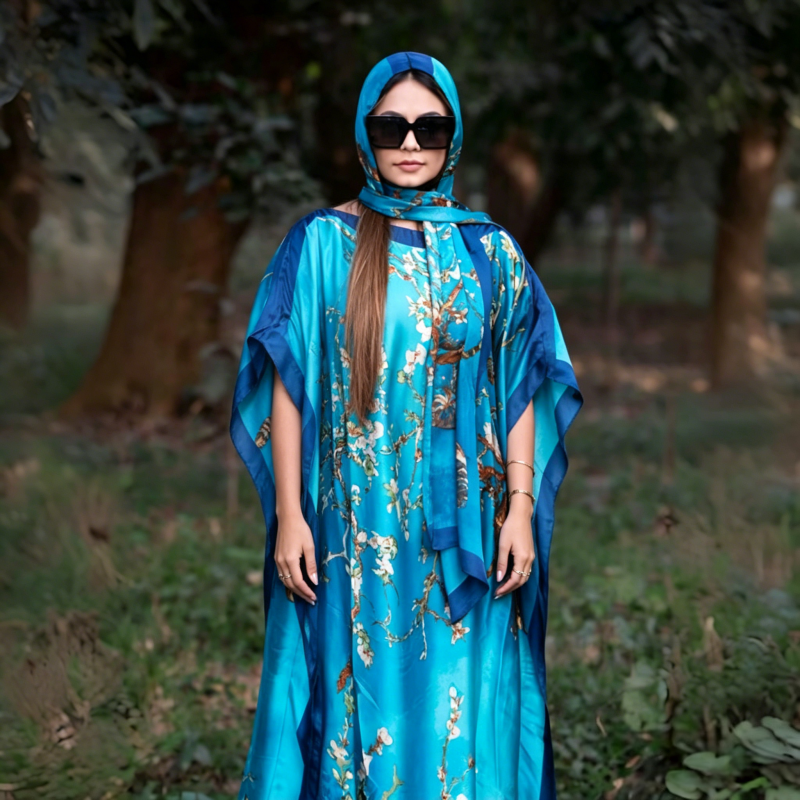 Women's Clothing  Loose Long Dress With Shawl Blue Dresses Lightweight Flowy Robe For Travel Vacation And Work For Women Comfortable Oversized Fit Hides Belly Silky Shiny Fabric QSROCIO
