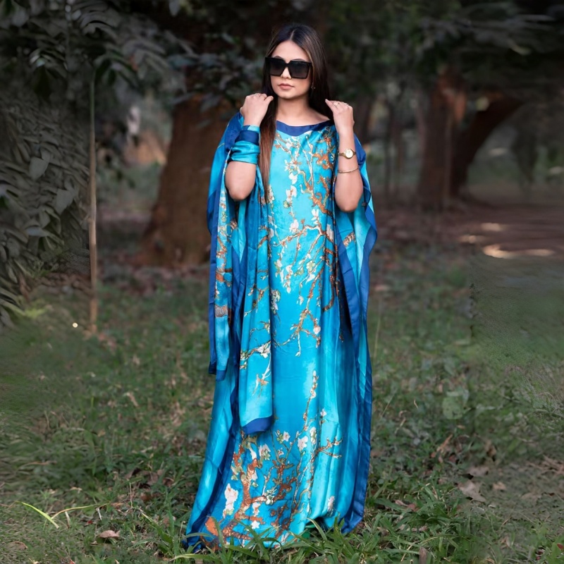 Women's Clothing  Loose Long Dress With Shawl Blue Dresses Lightweight Flowy Robe For Travel Vacation And Work For Women Comfortable Oversized Fit Hides Belly Silky Shiny Fabric QSROCIO