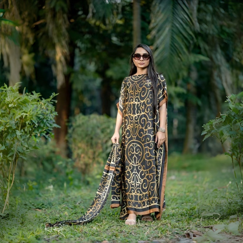 Women's Clothing  Loose Long Dress With Shawl Black And Gold Pattern Dresses Lightweight Flowy Robe For Travel Vacation And Work For Women Comfortable Oversized Fit Hides Belly Silky Shiny QSROCIO