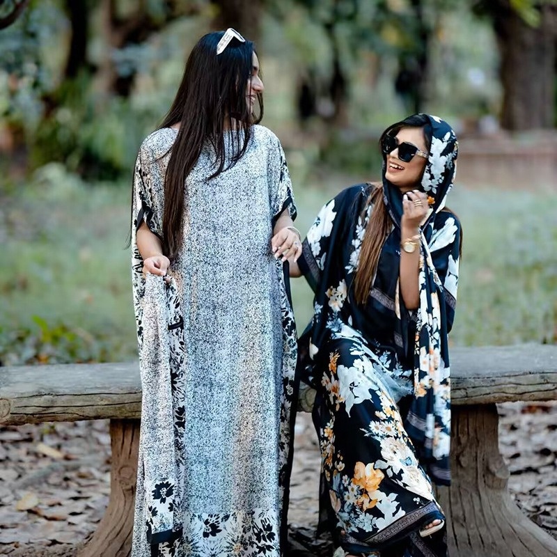 Women's Clothing  Loose Long Dress With Shawl Black And White Print Dresses Lightweight Flowy Robe For Travel Vacation And Work For Women Comfortable Oversized Best Friend Outfits Silky Shiny QSROCIO