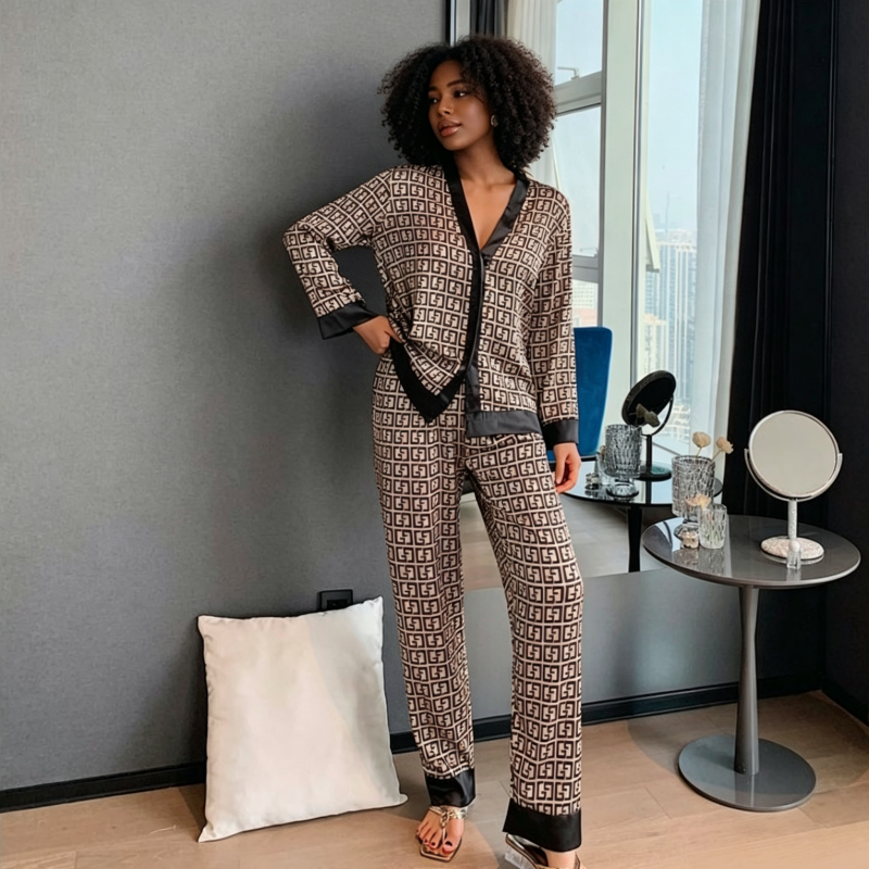 Women's Clothing Pajama Set Printed Long Sleeved Pants Sleepwear For Women Hot Selling Gold Printed Comfortable And Breathable QSROCIO