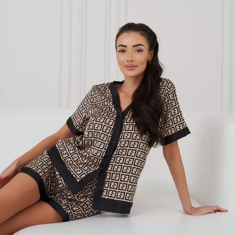 Women's Clothing Pajama Set Printed Short Sleeve Shorts Pajamas Women's Sleepwear Popular Gold Printed Comfortable Breathable QSROCIO