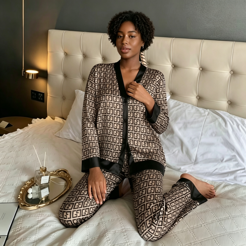 Women's Clothing Pajama Set Printed Long Sleeved Pants Sleepwear For Women Hot Selling Gold Printed Comfortable And Breathable QSROCIO