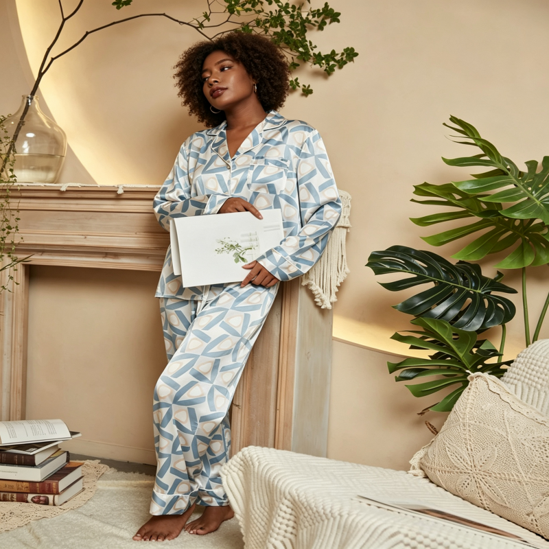 Women's Clothing Women's Pajama Set Long Sleeved Blue Geometric Print Women's Homewear Imitation Satin Cool And Comfortable Suitable For Homewear And Outing QSROCIO