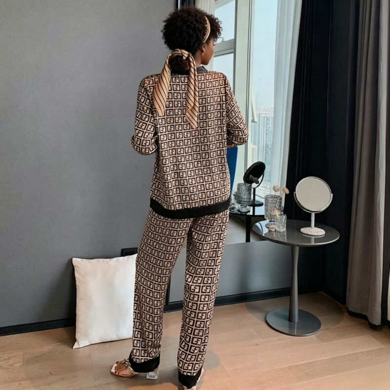 Women's Clothing Pajama Set Printed Long Sleeved Pants Sleepwear For Women Hot Selling Gold Printed Comfortable And Breathable QSROCIO