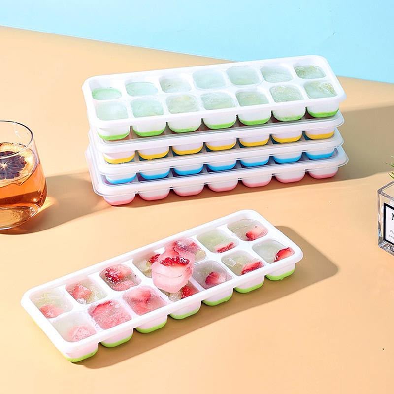 14-Hole Ice Cube Tray with Silicone Base & Lid | BPA-Free Plastic Ice Maker