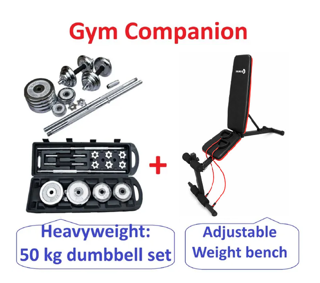 50KG Barbell & Dumbbell Set + Adjustable Weight Bench – Full Body Home Gym Workout