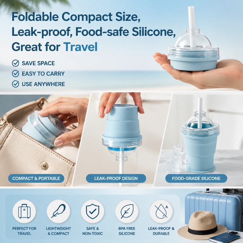 2-in-1 Collapsible Silicone Ice Ball Maker Cup Reusable Portable Foldable ice Hockey with Straw & Lid Easy Demolding Leakproof for Juice Home Whiskey Iced Coffee Gym Travel Outdoor (Blue(1pc))