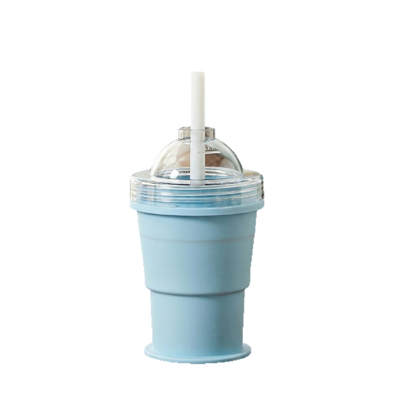 2-in-1 Collapsible Silicone Ice Ball Maker Cup Reusable Portable Foldable ice Hockey with Straw & Lid Easy Demolding Leakproof for Juice Home Whiskey Iced Coffee Gym Travel Outdoor (Blue(1pc))
