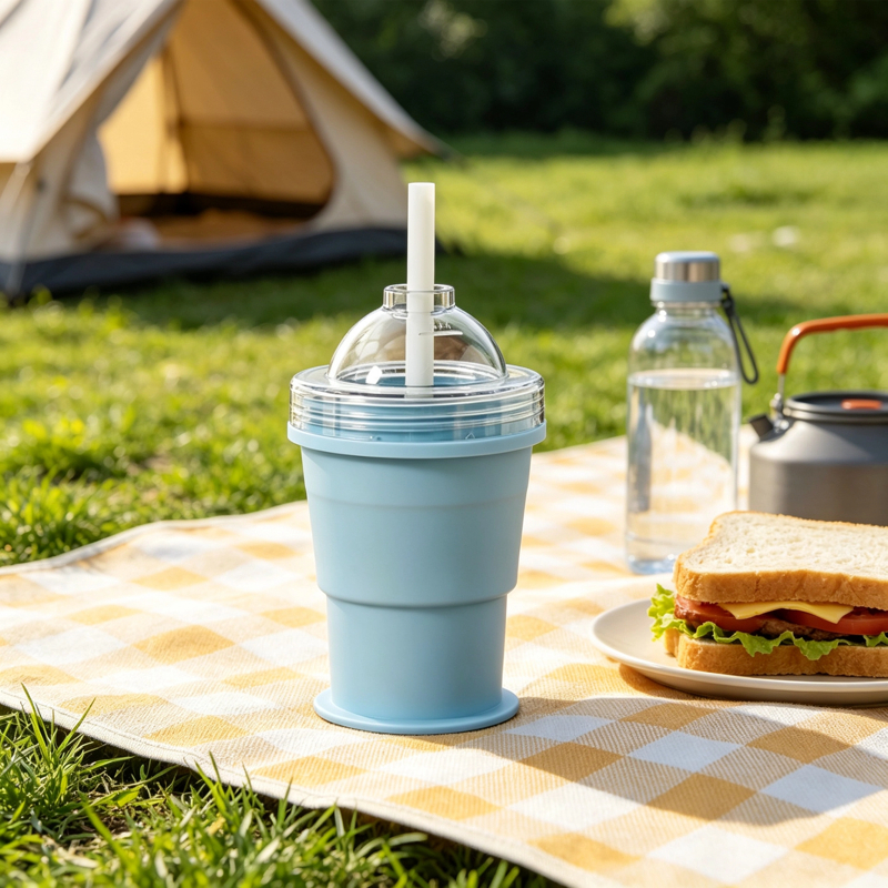 2-in-1 Collapsible Silicone Ice Ball Maker Cup Reusable Portable Foldable ice Hockey with Straw & Lid Easy Demolding Leakproof for Juice Home Whiskey Iced Coffee Gym Travel Outdoor (Blue(1pc))