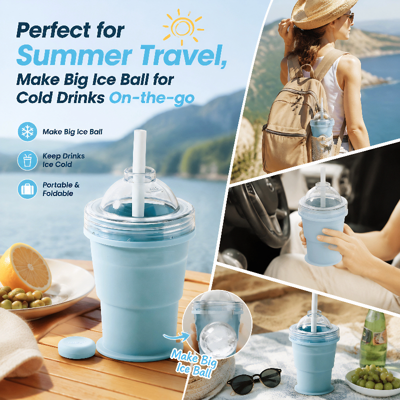 2-in-1 Collapsible Silicone Ice Ball Maker Cup Reusable Portable Foldable ice Hockey with Straw & Lid Easy Demolding Leakproof for Juice Home Whiskey Iced Coffee Gym Travel Outdoor (Blue(1pc))