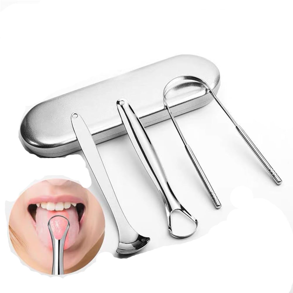 Tongue Scraper for Adults - 3 Pcs Metal Tongue Cleaner with Silver Storage Case - Tough Stainless Steel Mouth Scrubber for Fresh Breath & Oral Hygiene