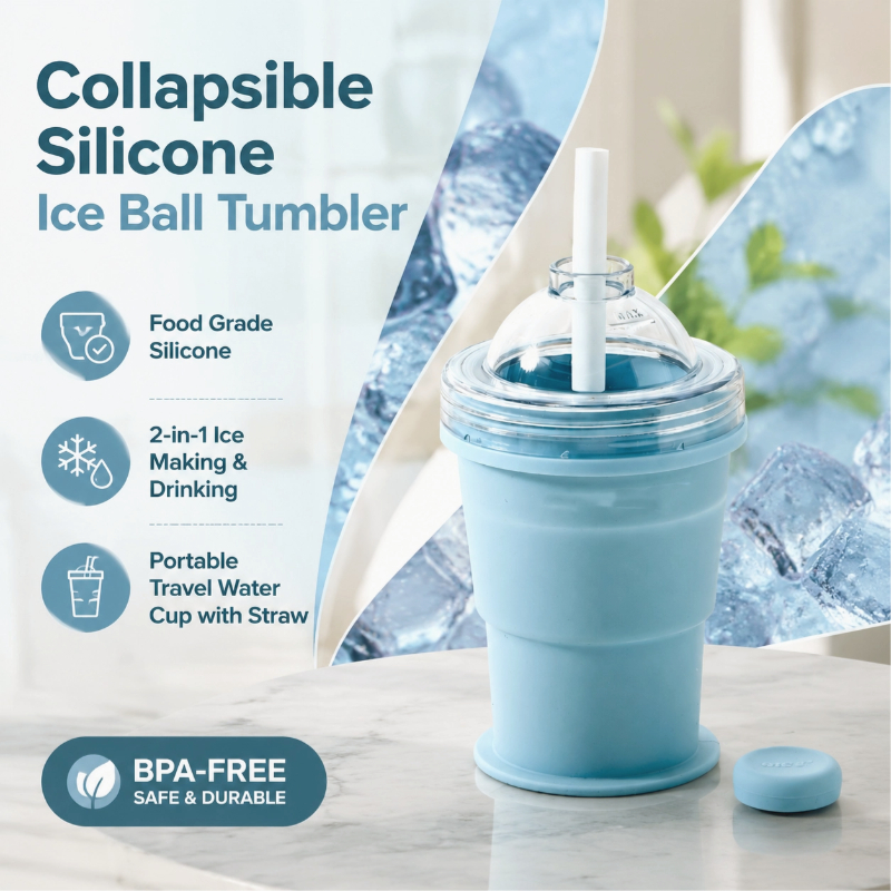 2-in-1 Collapsible Silicone Ice Ball Maker Cup Reusable Portable Foldable ice Hockey with Straw & Lid Easy Demolding Leakproof for Juice Home Whiskey Iced Coffee Gym Travel Outdoor (Blue(1pc))