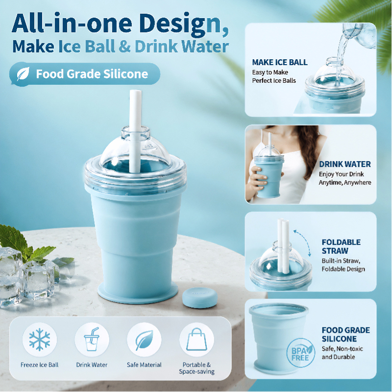 2-in-1 Collapsible Silicone Ice Ball Maker Cup Reusable Portable Foldable ice Hockey with Straw & Lid Easy Demolding Leakproof for Juice Home Whiskey Iced Coffee Gym Travel Outdoor (Blue(1pc))