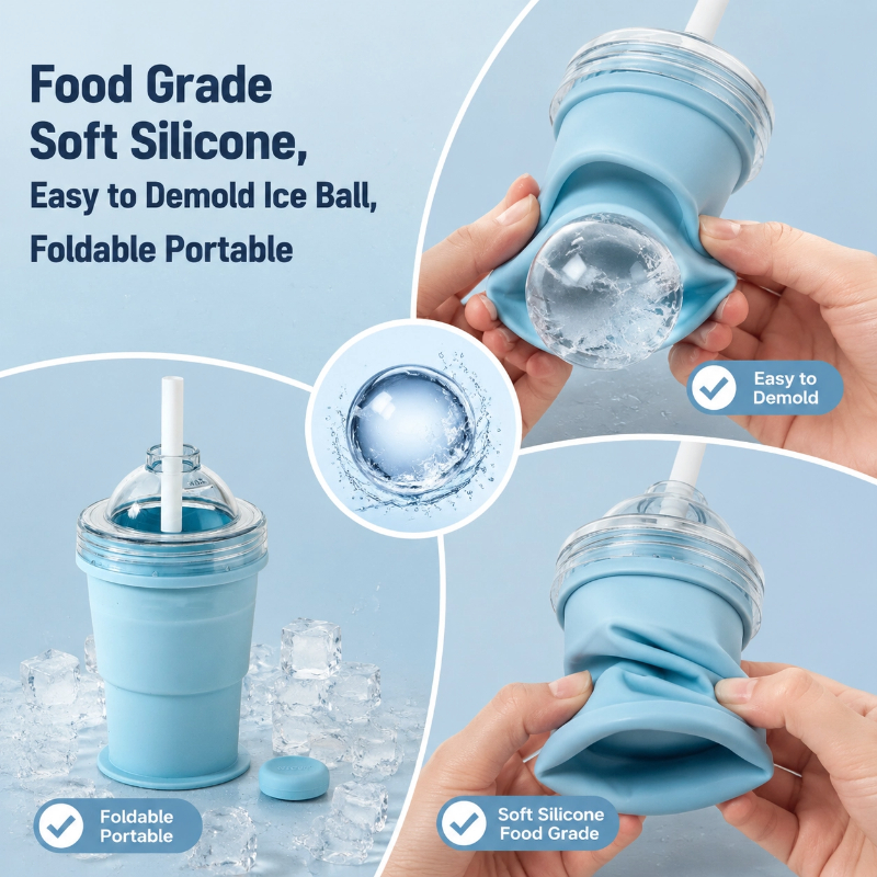2-in-1 Collapsible Silicone Ice Ball Maker Cup Reusable Portable Foldable ice Hockey with Straw & Lid Easy Demolding Leakproof for Juice Home Whiskey Iced Coffee Gym Travel Outdoor (Blue(1pc))