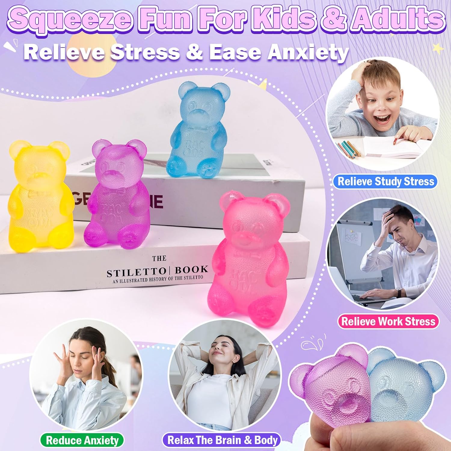 Bear & Sugar Ball Designs, Anxiety Relief & Focus Toy, Maltose Filled Squeeze Toys for Sensory Play，Sensory Fidget Toys for Adults, Kids, Slow Rising Squishy Stress Ball