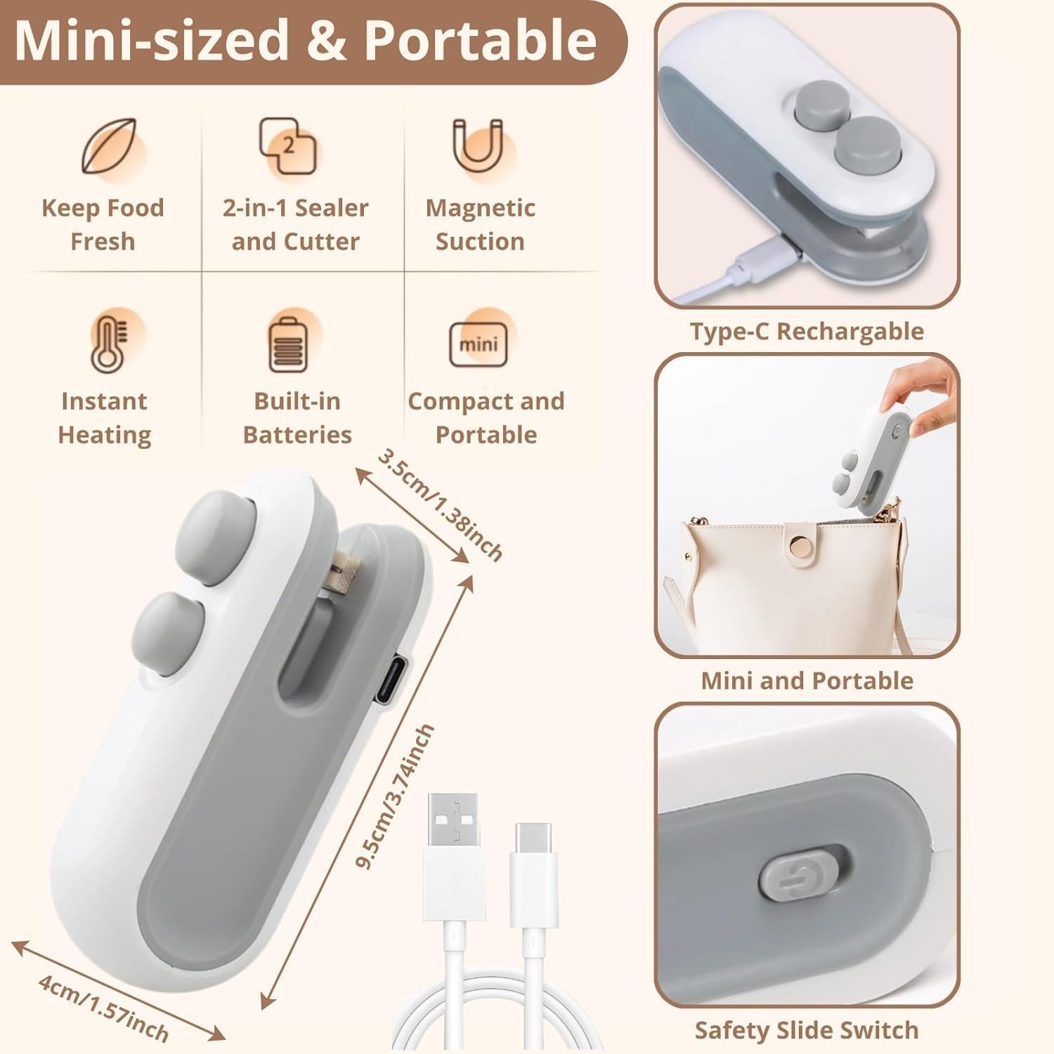 Mini Bag Sealer, 2-in-1 Rechargeable Mini Heat Sealer & Cutter, Magnetic Portable Plastic Bag Sealer for Snacks, Chips, Food Freshness Storage (White)