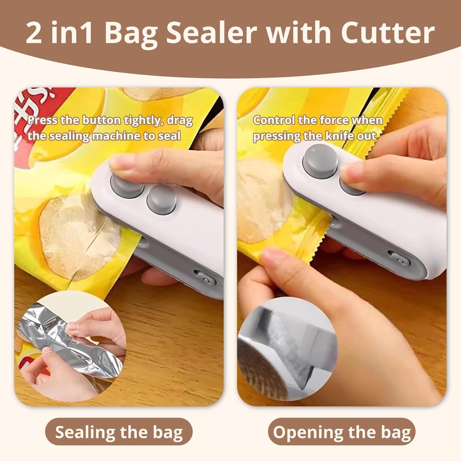 Mini Bag Sealer, 2-in-1 Rechargeable Mini Heat Sealer & Cutter, Magnetic Portable Plastic Bag Sealer for Snacks, Chips, Food Freshness Storage (White)