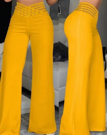 Women Flared Pants Elegant Office Lady Casual High Waist Trousers Spring Summer Solid Crisscross Sheer