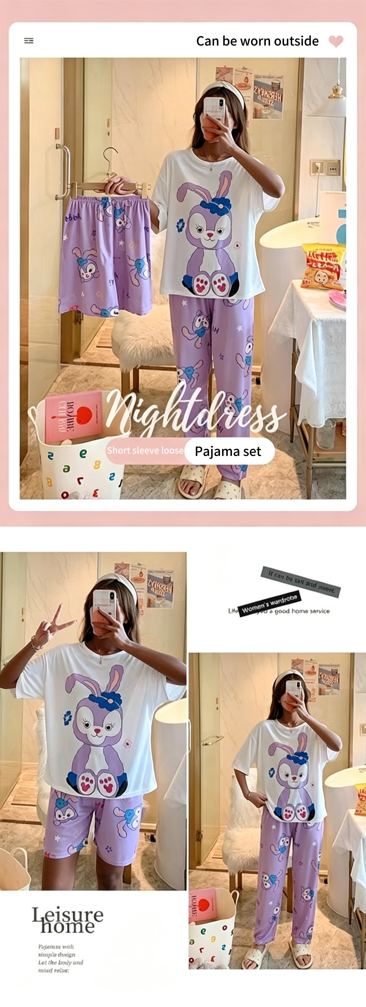 3 PCS Capri Pajamas for Women - Short Sleeve Sleep Shirt + Long Pants + Shorts Floral Pj Sets, Soft Cozy Loungewear, Breathable Sleepwear for All Seasons