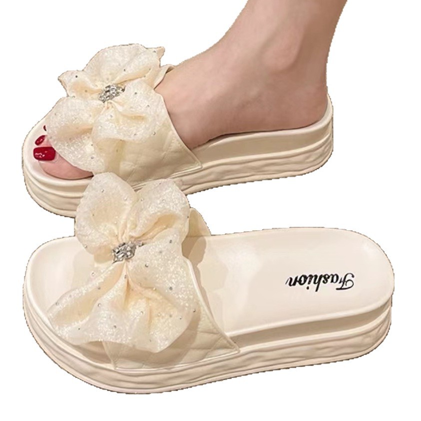 Women's Fashion Bow Thick-Soled Platform Sandals, Non-Slip Soft Cushion Slip-On Flat Shoes, Comfortable "Cloud" Slippers for Daily Wear