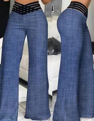 Women Flared Pants Elegant Office Lady Casual High Waist Trousers Spring Summer Solid Crisscross Sheer