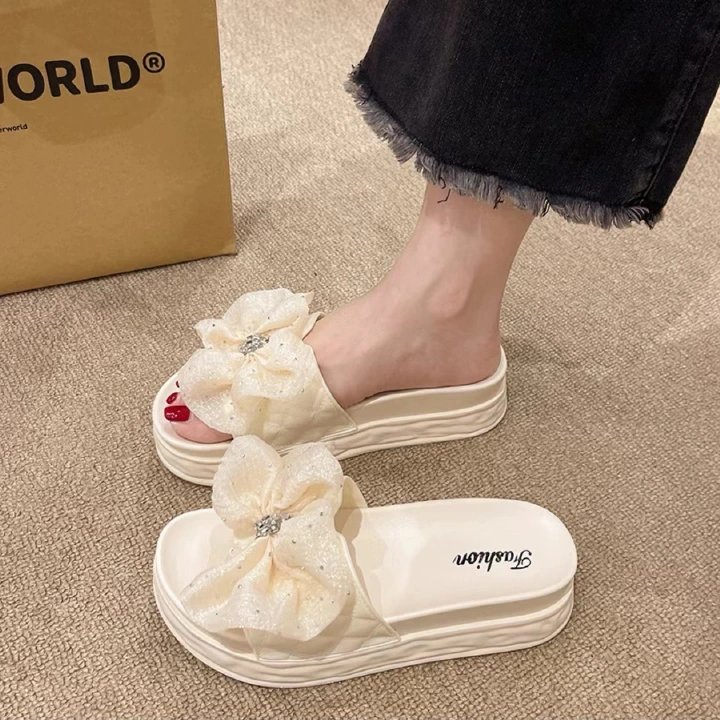 Women's Fashion Bow Thick-Soled Platform Sandals, Non-Slip Soft Cushion Slip-On Flat Shoes, Comfortable "Cloud" Slippers for Daily Wear